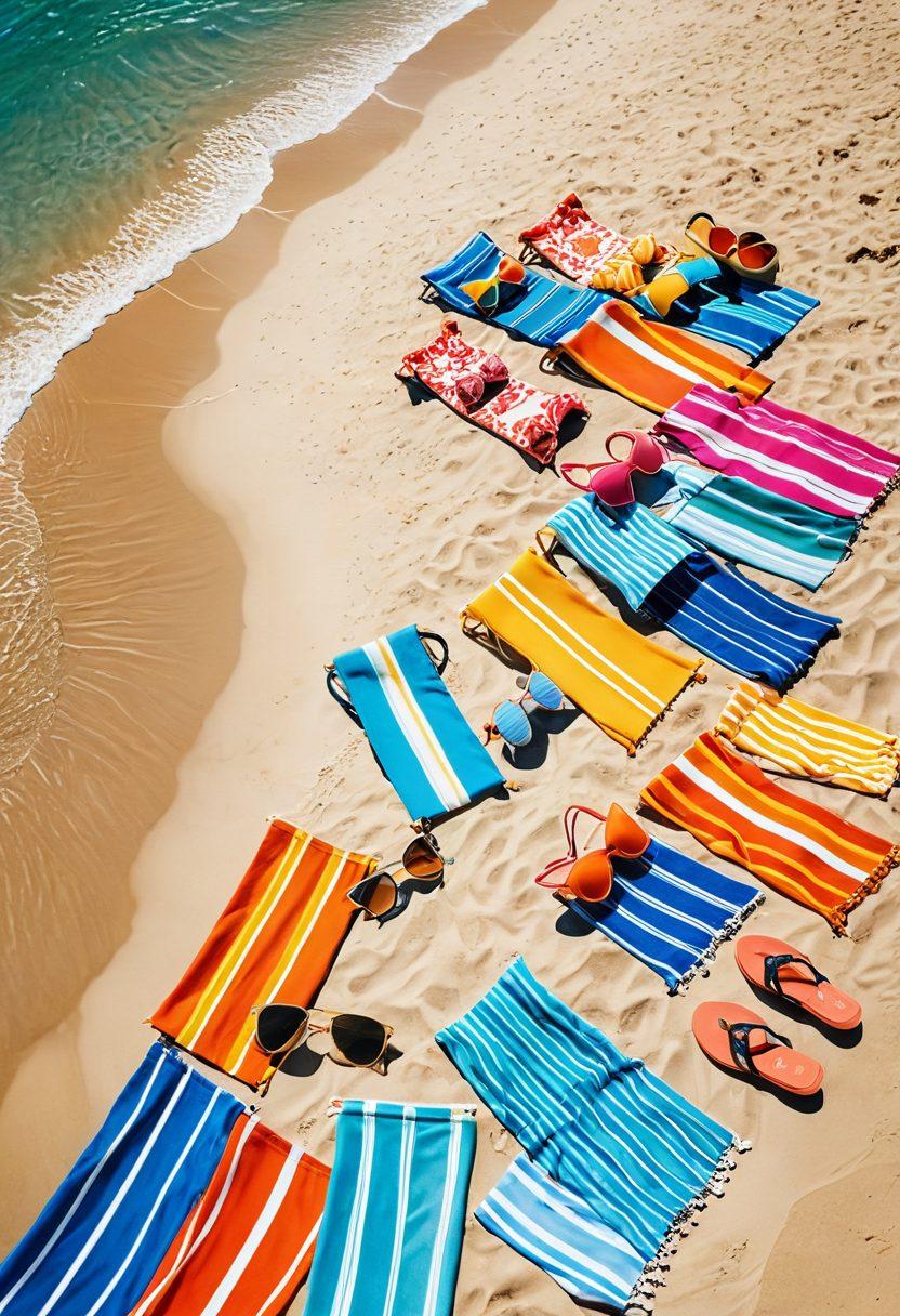 A sun-soaked beach scene showcasing a diverse group of people flaunting stylish bikinis in vibrant colors, juxtaposed against soft sand and gentle waves. Include playful beach accessories like sunglasses and beach towels, as well as trendy swimwear patterns reflecting current fashion trends. Capture the joyful essence of summer fun and confidence, with bright sunlight casting warm shadows. super-realistic. vibrant colors. beach setting.